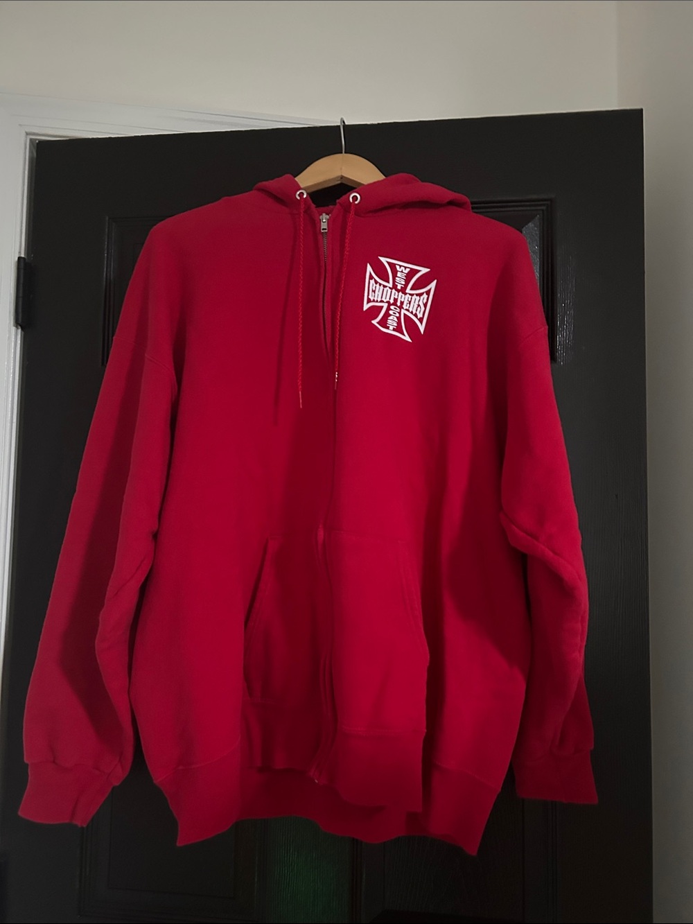 Hanes Red Full-Zip Hooded Sweatshirt with White Chest Emblem